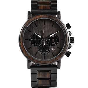 Woodig Dawn: Elegant houten horloge met chronograaffunctionaliteit.